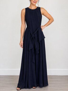 Navy Blue Sleeveless Ruffle Tie-Waist Maxi Dress - Size 12